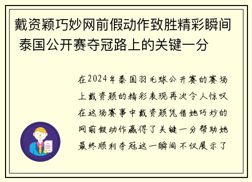 戴资颖巧妙网前假动作致胜精彩瞬间 泰国公开赛夺冠路上的关键一分