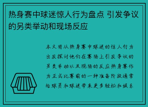 热身赛中球迷惊人行为盘点 引发争议的另类举动和现场反应 热身赛中球迷惊人行为盘点 引发争议的另类举动和现场反应